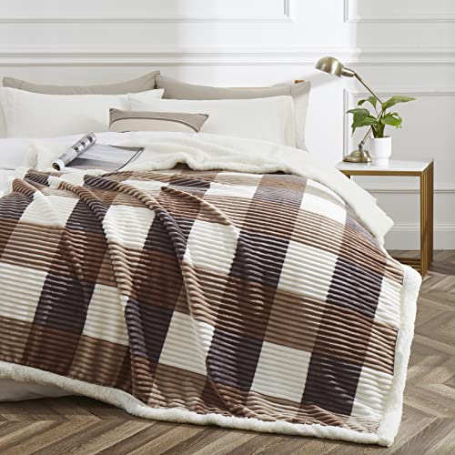 PU MEI Sherpa Blanket Twin Plaid Thick Bed Blanket, 60”*80” Super Soft Flannel Fuzzy Fleece Reversible Velvet Plush Warm Blanket for Couch (Beige Check, 60"*80") - color: Beige Check, size: 60"*80"