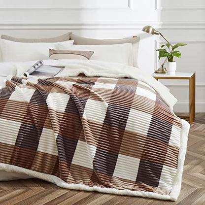 PU MEI Sherpa Blanket Twin Plaid Thick Bed Blanket, 60”*80” Super Soft Flannel Fuzzy Fleece Reversible Velvet Plush Warm Blanket for Couch (Beige Check, 60"*80") - color: Beige Check, size: 60"*80"