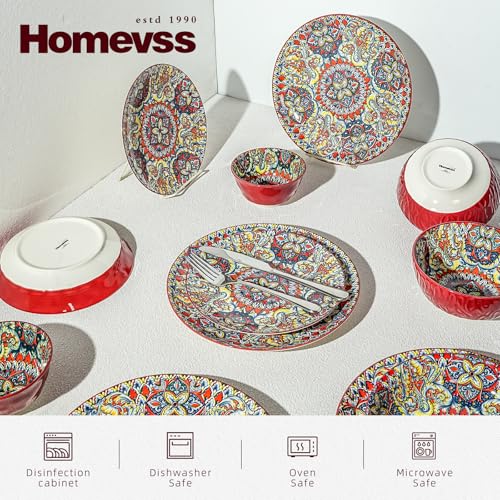 Boho 10 Pieces Dinnerware Sets, Plates and Bowls Set, Porcelain Dishes Set for 2, Microwave and Dishwasher Safe, Scratch Resistant, Bohemian Style Dining Ware, Red - color: Red