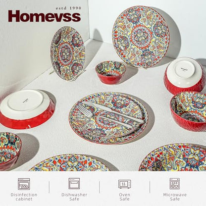 Boho 10 Pieces Dinnerware Sets, Plates and Bowls Set, Porcelain Dishes Set for 2, Microwave and Dishwasher Safe, Scratch Resistant, Bohemian Style Dining Ware, Red - color: Red