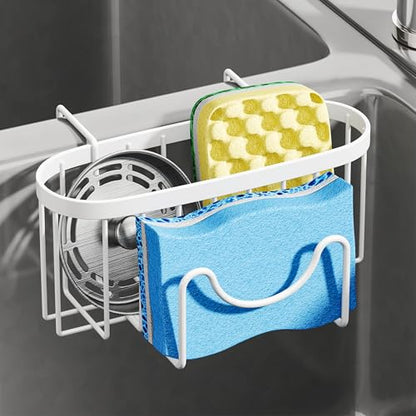 SWTYMIKI Sponge Holder for Kitchen Sink - Movable Kitchen Sink Caddy with M Shape Hook, Stainless Steel Hanging Sponge Caddy for Dish Sponge, Brush, Stopper Organizer in Double Bowl Sink, White - color: White-regular