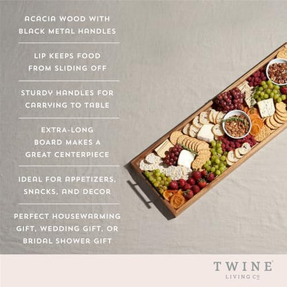 Twine Modern Manor Longboard Cheese Platter with Handles, Rectangular Cheese Board and Home Decor Tray, Dining Table Accessories Acacia Wood Set of 1 - style: Modern Manor Longboard