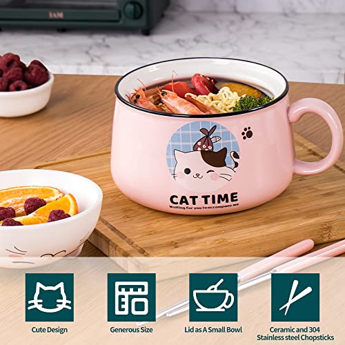 Ramen Bowl Set with Chopsticks, Cute Cat Instant Ramen Noodle Bowls with Lid, 34.5 OZ Extra Large Ceramic Soup Bowls with Handle, Japanese Ramen Cooker, Microwave safe (Pink) - color: Pink