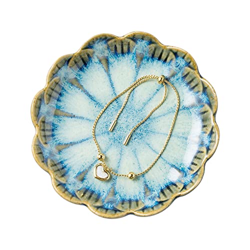 BEUNAIZER Jewelry Dish Tray, Ring Dish, Ceramic Trinket Tray, Key Bowl | Decorative plate style keeps earrings, necklaces and small items easy to see, suited for friends, daughters and mothers. - color: Retro Blue