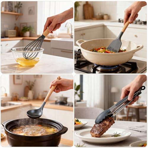 Silicone Cooking Utensil Set,12 PCS Cooking Kitchen Utensils Set, Nonstick Kitchen Utensils 446°F Heat-Resistant Cookware Kitchen Tools of Spoon,Brush,Whisk,Spatula,Turner Tongs (Gray) - color: Gray