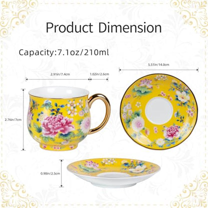 KAMMAK Tea Cup and Saucer, Ceramic Coffee Cups, 7.1 oz, Set of 2 | Porcelain Tea Cups with Saucers for Coffee and Cappuccino, Ideal for Breakfast, Afternoon Tea and Entertaining,940+941N - style: 940N+941N