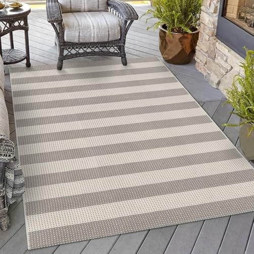 Outdoor Area Rugs 4'x6' Striped Patio Rug Washable Woven Camping Rug | Cotton Indoor Outdoor Rug Living Room Rug Checkered Rug Floor Carpet for Living Room/Dining Room/Deck/Backyard Gray/White - color: Gray/Tan/White, size: 4' x 6' (Rectangular)