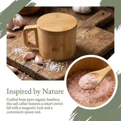 Bamboo Salt Cellar with Handle, 10oz Magnetic Swivel Lid & Spoon(2 Pack) | Food-Safe Bamboo Salt Cellar with Integrated Handle, 10oz Magnetic Swivel Lid & Spoon, for Kitchen Cooking & Grilling