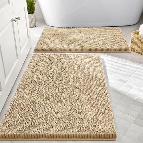 Smiry Chenille Bathroom Rugs Sets 2 Piece (30x20+24x16, Beige) | Soft Absorbent Machine Washable Non Slip Shaggy Bath Rug Set for Tub, Shower, and Floor, Home Decor - color: Beige, size: 30"X20"+24"X16"