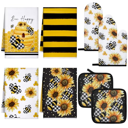 Bencailor 8 Pcs Sunflower Bee Kitchen Decor and Accessories Set Yellow Honey Sunflower Kitchen Towels Oven Mitts and Oven Holders for Housewarming Gift Summer Cooking Baking Grilling - color: Yellow, style: Bee and Sunflower