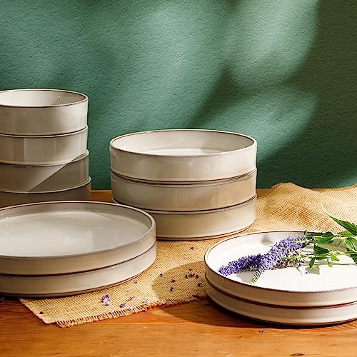 Two Time Oprah's Favorite Things Winner - Santorini Mist Double Bowl Terracotta Reactive Glaze Plates and Bowls Dinnerware Set - Moonstone White, Service for Four (16pcs) - color: Moonstone White