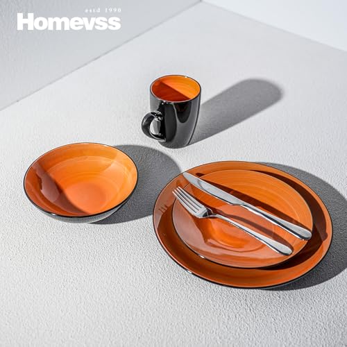 HomeVss Sonoma 16 Piece Stoneware Dinner Set, Outside Black + Inside Handpainted Color Orange with speckle - color: Orange