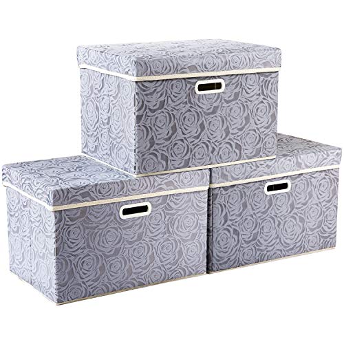 Large Storage Boxes with Lids [3-Pack] Fabric Decorative Storage Bins Cubes Organizer Containers Baskets with Handles for Closet Grey 17.7x11.8x11.8 In For 6+ Year Old Boys and Girls - color: Gray, size: Large(3-Pack)