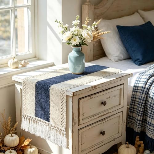 Navy and Cream Table Runner 36 Inches, Small Fall Dresser Scarf, Rustic Farmhouse Coffee Table Runner for Nightstand, Autumn Home Decor - color: Blue, size: 36 inches