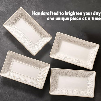 Appetizer Plates Set of 4, 8.25" Embossed Ceramic Rectangular Dessert Plates, Deep Lipped Edges, Microwave & Dishwasher Safe, Salad Sushi Snack Serving Plates (White, Willow Leaf) - color: White (Willow Leaf), size: 8.25 inch