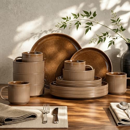 Kitchen Academy 16 Pieces Fluted Stoneware Dinnerware Sets for 4, Ceramic Plates and Bowls Non Toxic, Brown Kitchen Dish Set, Oven & Microwave & Dishwasher Safe - color: Brown, size: Service for 4-16Pcs