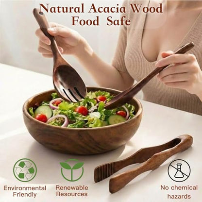 Acacia Wooden Salad Bowl Set 4Pcs,Wood Bowls Decorative With Wooden Spoons For Cooking,Forks, And Tongs.Acacia Wood Salad Bowl, Single-serve bowl,Couple Bowls For Housewarming Gift,Wedding