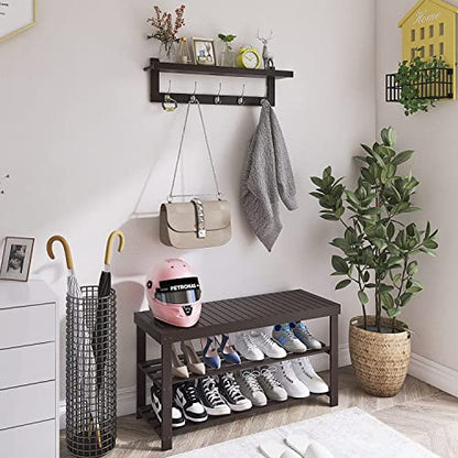 SMIBUY Coat Hooks with Shelf Wall-Mounted, 29.2 Inch Entryway Coat Rack for Wall, Bamboo Hanging Shelf with 5 Double Metal Hooks for Bathroom, Bedroom, Kitchen, Living Room, Mudroom (Dark Brown) - color: Dark Brown
