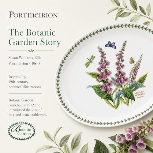 Portmeirion Botanic Garden Oval Platter - Porcelain & Foxglove Motif | 13" Serving Platter for Appetizers, Desserts & More - Dishwasher, Microwave, Freezer & Oven Safe with Chip-Resistant Glaze