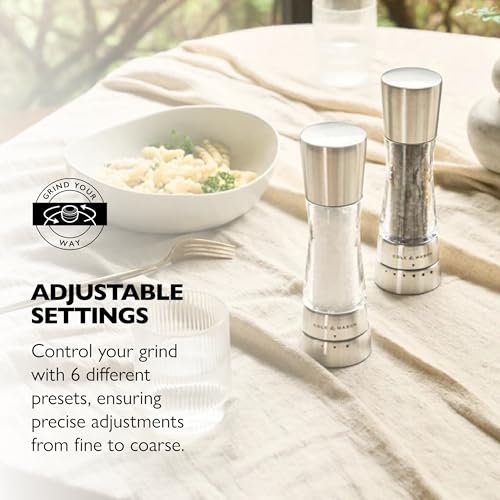 Cole & Mason Derwent Salt & Pepper Grinder Set with Tray - Salt & Pepper Grinder Set with Adjustable Grind Settings - Easily Refillable Spice Mills for Enhanced Taste - Stainless Steel