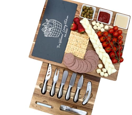 Acacia Wood Charcuterie Board Gift Set – Engraved Slate Cheese Platter with 19-Piece Stainless Steel Utensil Drawer – Wedding & Holiday Entertaining Gift Thanksgiving Gift - color: Design #32