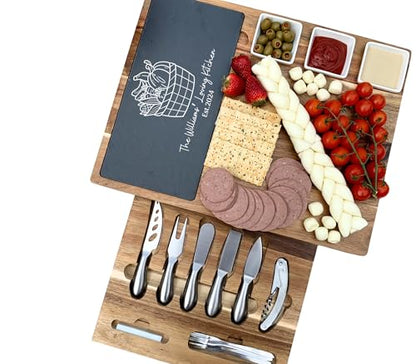 Acacia Wood Charcuterie Board Gift Set – Engraved Slate Cheese Platter with 19-Piece Stainless Steel Utensil Drawer – Wedding & Holiday Entertaining Gift Thanksgiving Gift - color: Design #32