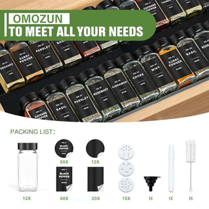 Spice Jars with Label, 12pcs 4oz Glass Spice Jars with Black Lids | Square Spice Containers with 152 Labels and Shaker Inserts, Empty Seasoning Bottles for Drawer, Cabinet, Seasoning Organizer - color: Black Lid*12 Jars