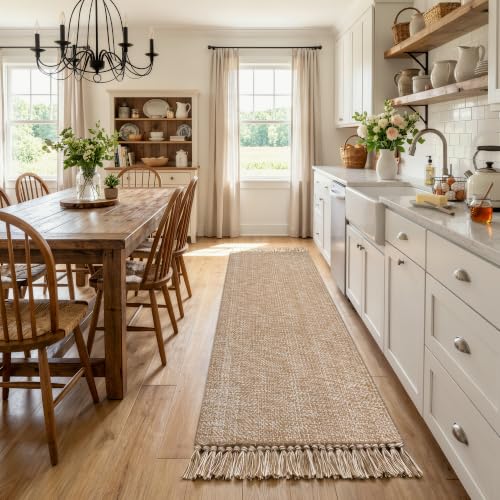Washable Kitchen Runner Rug 2' x 8', Boho Bathroom Mats | Modern Farmhouse Entryway Runner Rug, Tan Hand-Woven Reversible Bedroom Carpet for Hallway Laundry Front Door Decor - color: Tan/Cream, size: 2' x 8' (Rectangular)