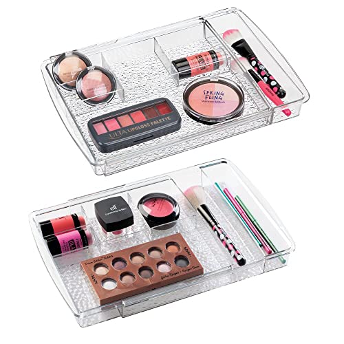 mDesign Expandable Makeup Organizer for Bathroom Drawers, Vanities, Countertops: Organize Makeup Brushes, Eyeshadow Palettes, Lipstick, Lip Gloss, Blush, Concealer - Adjustable Width, 2 Pack - Clear - size: Pack of 2