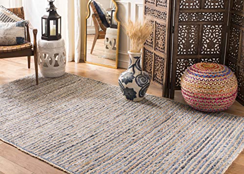 SAFAVIEH Cape Cod Collection Area Rug - 6' x 9', Natural & Blue, Handmade Flat Weave Jute, Ideal for High Traffic Areas in Living Room, Bedroom (CAP250A) - size: 6' x 9' (Rectangular)