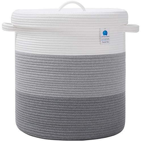 16x18 Inch Extra Large Round Cotton Rope Storage Basket with Lid, Decorative Woven Bin with Cover for Living Room Bedroom Closet, Light Grey & Grey