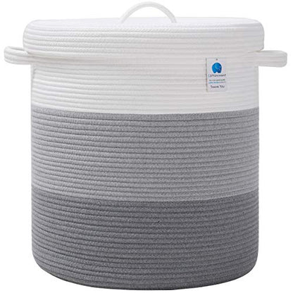 16x18 Inch Extra Large Round Cotton Rope Storage Basket with Lid, Decorative Woven Bin with Cover for Living Room Bedroom Closet, Light Grey & Grey