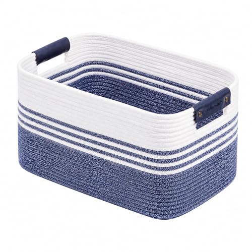 Cotton Rope Laundry Basket Medium, 15.4GAL Collapsible Woven Storage Baskets for Living Room Kids Toys Stuffed Animal,Boho Rectangular Decorative Short Hamper for Dirty Clothes, Blankets Denim Blue - color: DenimBlue, size: 15.4GAL