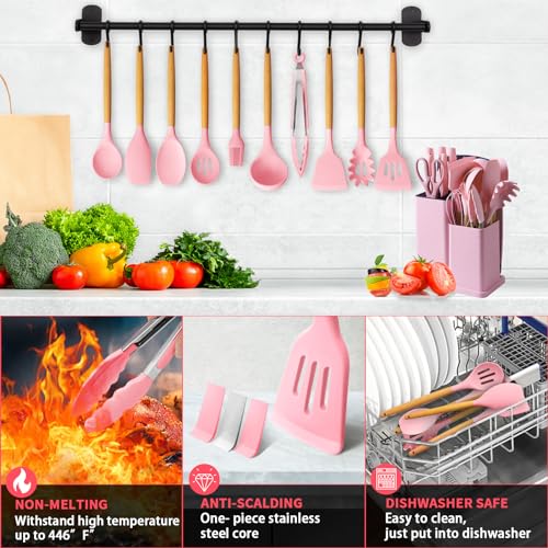 Cooking Utensils Set, Caliamary 19 PCS Silicone Kitchen Utensils Set with Holder and Kitchen Knife Set for Cooking, Non-stick Heat Resistan Kitchen Tools and Gadgets with Wooden Handle (Pink-19)
