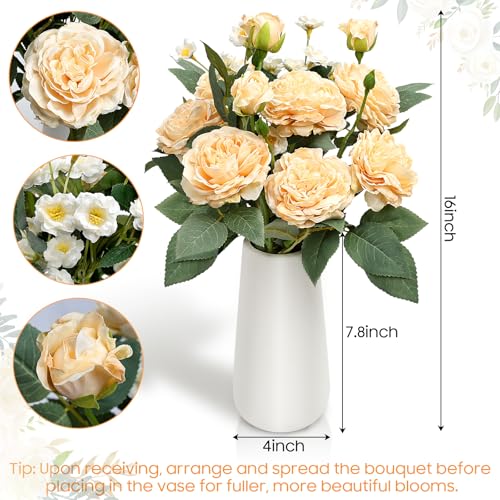 16’’ Artificial Flowers with Vase, Silk Flower Arrangements | White Ceramic Vase with Peonies Flowers Bouquet, Home Office Dining Table Centerpiece Decor, Champagne - color: Champagne