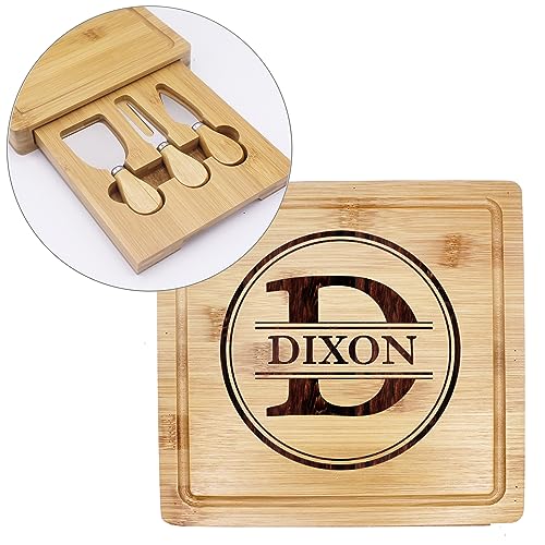 My Personal Memories Customized Engraved Cheese Board Tray and Knife Tools Set - Custom Monogrammed (Bamboo - Name Initial Style)