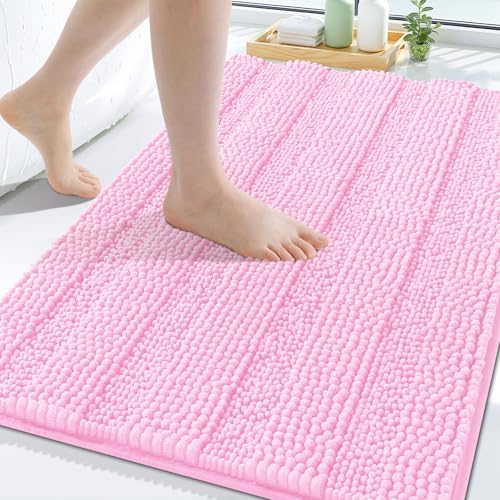Grandaily Chenille Striped Bathroom Rugs 24x16, Extra Thick and Soft Absorbent Bath Mats, Rubber Backing, Plush Shaggy Shower Carpet, Machine Wash Dry, Bath Rug for Bathroom, Light Pink - color: Light Pink, size: 24" X 16"
