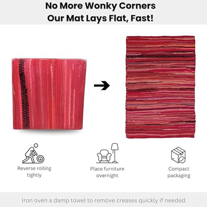Chindi Woven Rug 2x3 Feet - Red | Cotton Throw Rugs for Kitchen, Entryway, Easy Care Small Boho Mat - color: Red, size: 2 x 3 feet
