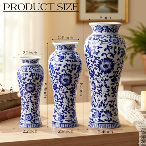 LemonRoad 3 Pack Chinoiserie Vases Porcelain Blue and White Vases for Flowers Pottery Chinoiserie Ceramic Vase for Living Room Mother's Day Decor Table Centerpiece, 6.7", 8.3", 10"(Classic) - style: Classic