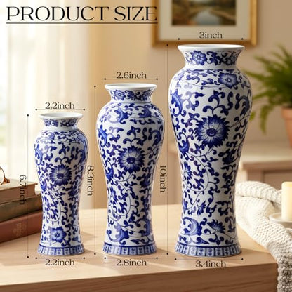 LemonRoad 3 Pack Chinoiserie Vases Porcelain Blue and White Vases for Flowers Pottery Chinoiserie Ceramic Vase for Living Room Mother's Day Decor Table Centerpiece, 6.7", 8.3", 10"(Classic) - style: Classic