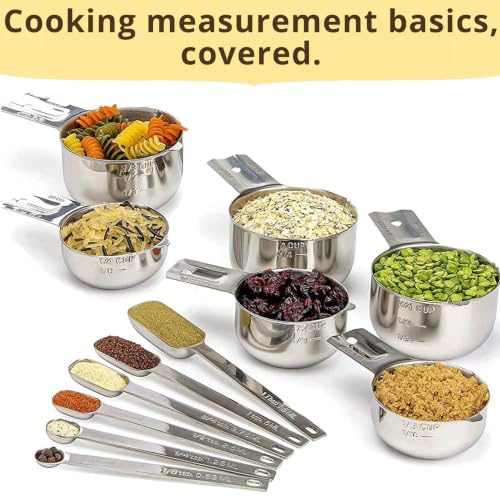 Simply Gourmet Measuring Cups & Spoons Set of 12, 18/08 Stainless Steel Kitchen Gadgets, Stackable Design with Long Handle Spoons, Fits in Spice Jars, Cooking & Baking Set for Dry & Liquid - size: 12 Piece Set