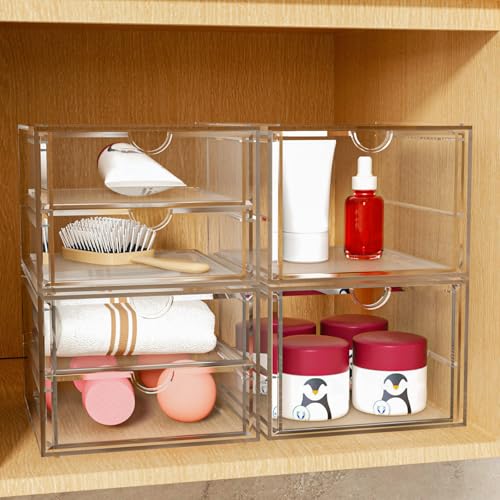 4-Pack Acrylic 6-Drawer Office & Makeup Storage Organizer,Desk | Smooth-glide drawers, clear body, dustproof, wipe clean, for stationery, lipsticks, blush palettes, hair clips, sticky notes - size: 6 Drawers