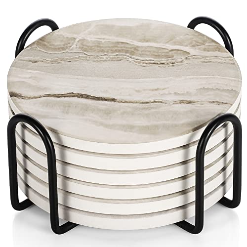 LIFVER Coasters Set of 6, Coasters for Drinks Absorbent Stone with Holder, Black Marble Style Ceramic Drink Coaster for Tabletop Protection, Coffee Table Decor Ideal for Home Decor House Warming Gifts - color: Yellow Marble, size: 6 Pack