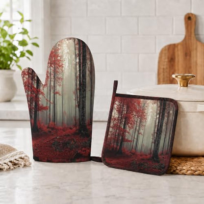 Forest Oven Mitts and Pot Holders Sets Red Trees Landscape Silicone Heat Resistant Kitchen Oven Gloves Pot Holder for Cooking Baking Grilling BBQ - color: Forest