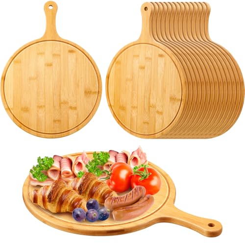 Nuenen 30 Pcs Round Wood Cutting Board with Handle Acacia Bamboo Wooden Serving Kitchen Chopping Boards for Pizza, Bread, Cheese, Charcuterie, Fruit, Vegetables (Bamboo)