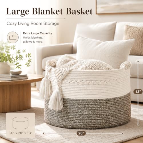 KAKAMAY Large Blanket Basket (20"x13"),Woven Baskets for storage Baby Laundry Hamper, Cotton Rope Blanket Basket for Living Room, Laundry, Nursery, Pillows, Baby Toy chest (White/Beige) | Extra Large Capacity | Natural Cotton Rope | Blanket Storage | Wove