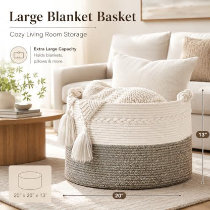 KAKAMAY Large Blanket Basket (20"x13"),Woven Baskets for storage Baby Laundry Hamper, Cotton Rope Blanket Basket for Living Room, Laundry, Nursery, Pillows, Baby Toy chest (White/Beige) | Extra Large Capacity | Natural Cotton Rope | Blanket Storage | Wove