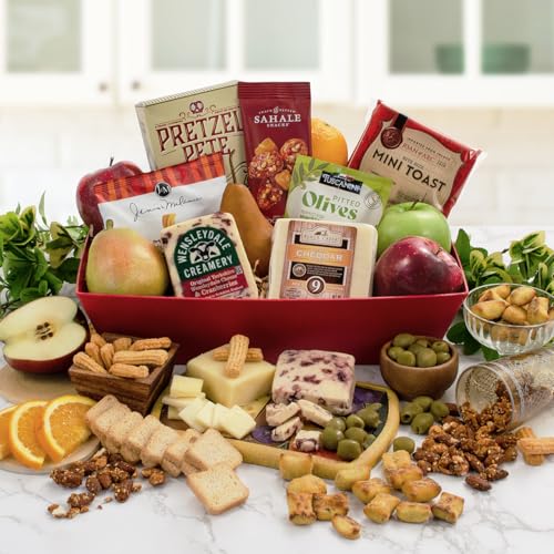 Capalbo's Fruit and Cheese Gift Basket Deluxe | Cheese and Fruit Gift Baskets w/Cheddar & Cranberry Cheeses, Fresh Fruits, Crackers & More | Gift-Ready Packaging w/Personalized Message