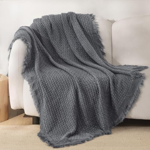 Exclusivo Mezcla Knit Throw Blanket with Fringes for Couch, Dark Grey | 100% Acrylic Lightweight and Breathable Woven Throw for Summer, Super Soft Decorative Blanket with Tassel for Sofa, 50"x60" - color: Dark Grey, size: Throw (50"x60")