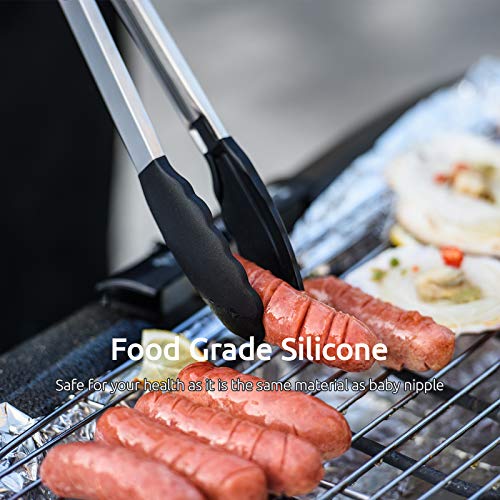 U-Taste 7+9+12 inch 600ºF Heat Resistant Silicone Kitchen Tong Set of 3 and 600ºF Heat Resistant 13.76" Long, 3.63" Wide Wok Spatula for Kitchen Stir Fry (Black)